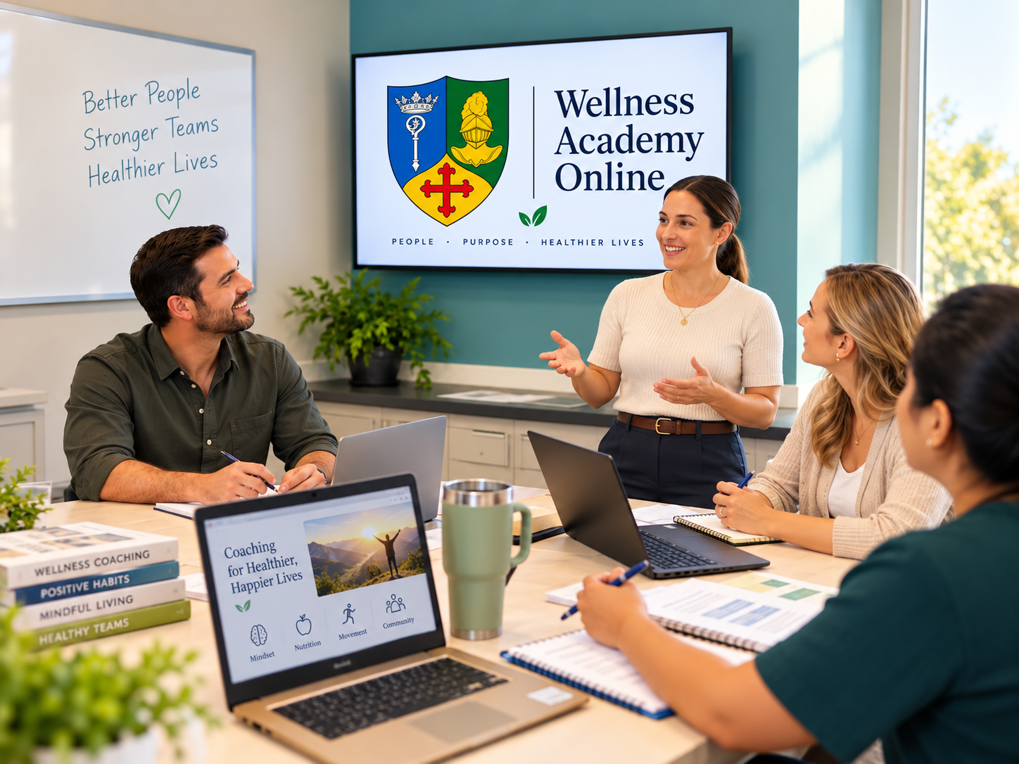A facilitator presenting a Wellness Academy Online session to a team around a table