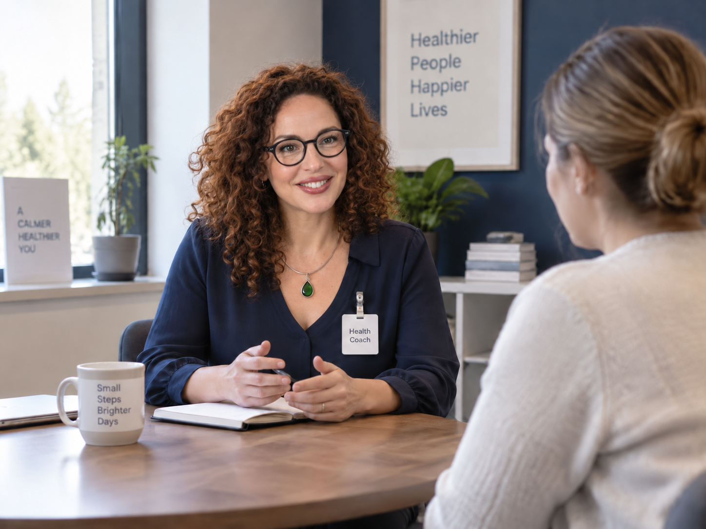 A health coach in conversation with a client in a consultation room