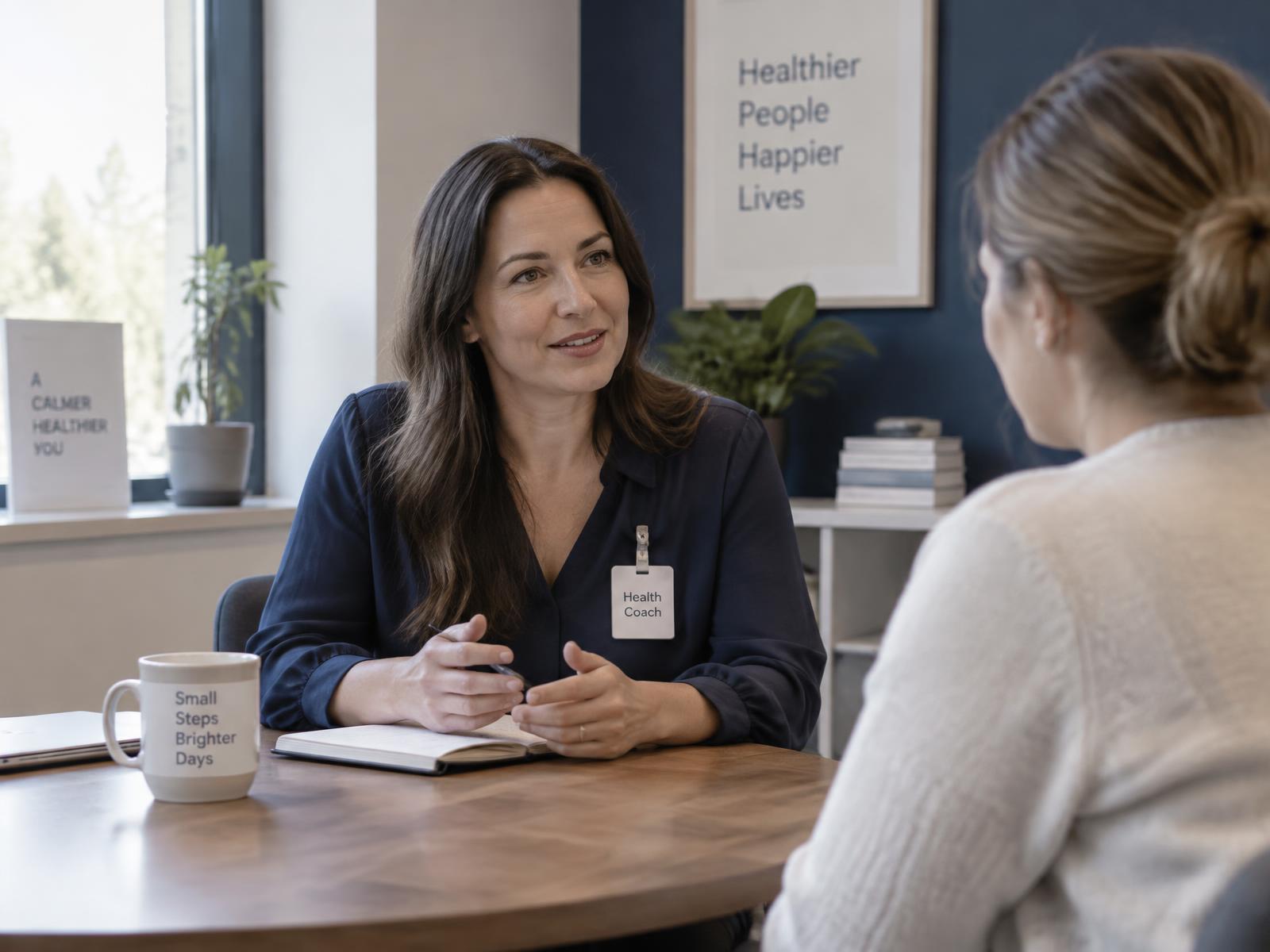A health coach in conversation with a client in a consultation room